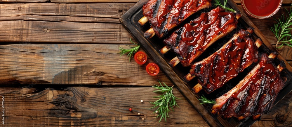 Aufkleber delicious grilled pork ribs on a rustic table with copy space image in top view