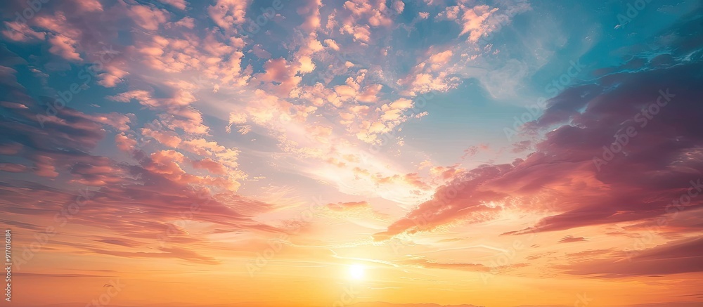 Poster gorgeous hues paint the sky in a mesmerizing sunset with abundant copy space image
