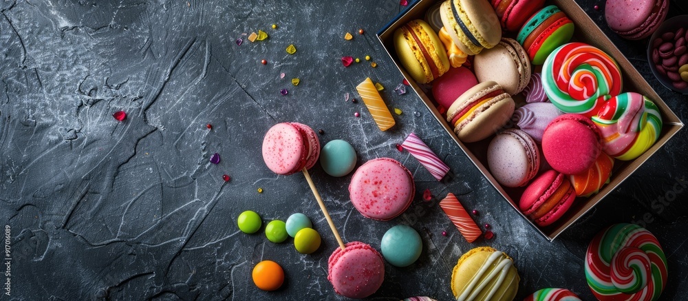 Poster Assorted vibrant candies lollipops and macaroons in a box on a stone backdrop with room for a copy space image