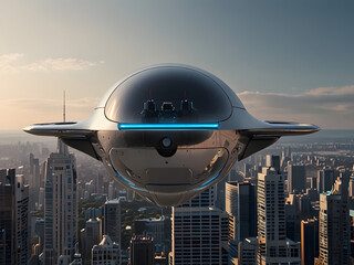 Fototapeta premium Futuristic Mini Robot in a Flying Pod Over City Skyline