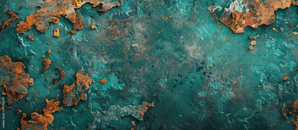 Poster top view of a background with emerald green and rusty textures providing an abstract backdrop for de