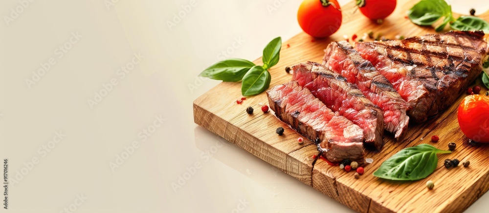 Poster grilled steak slices with vegetables and spices displayed on a wooden board against a light backgrou