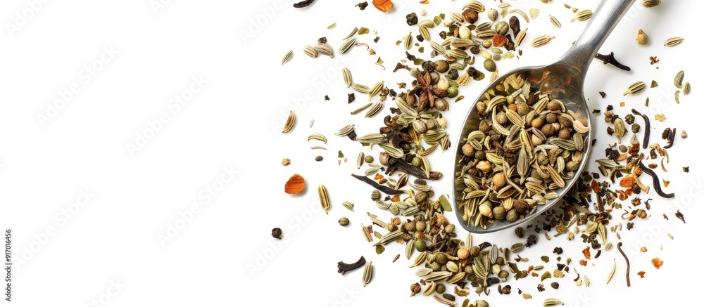 Poster a tea infuser showcasing a mix of fennel anise and caraway seeds against a blank background in a cop