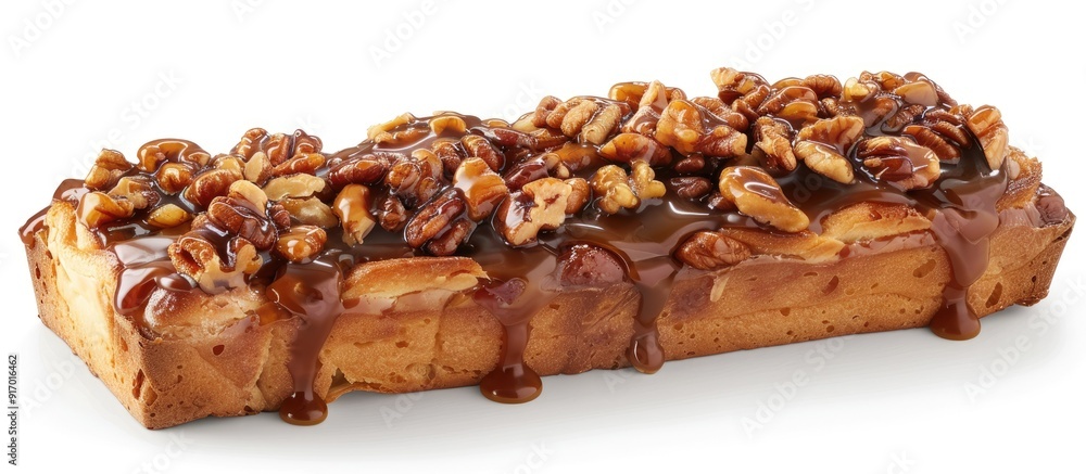 Poster A loaf of bread topped with nuts and caramel set against a white backdrop ideal for adding text or graphics as a copy space image