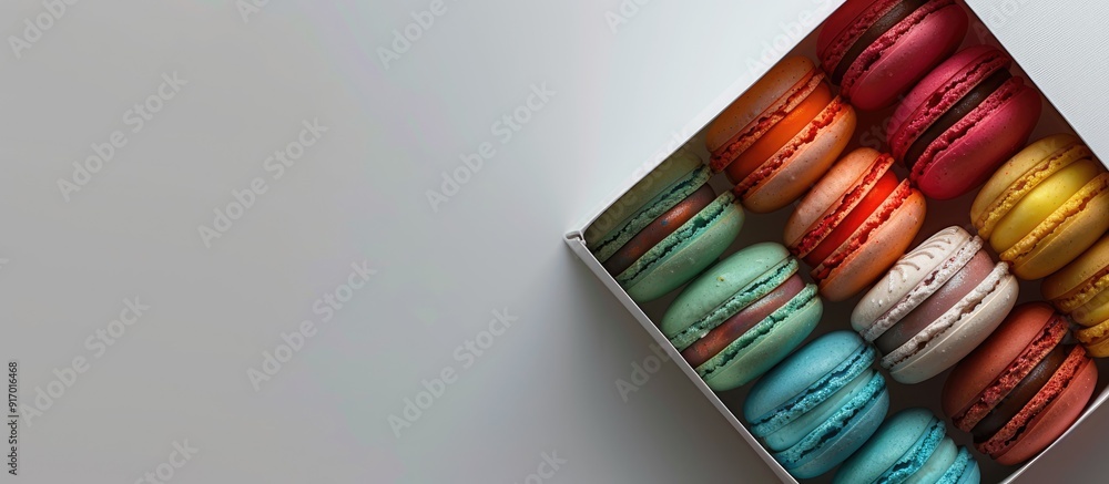 Wall mural Macaroons in a gift box featuring vibrant colors captured from above with room for text copy space image