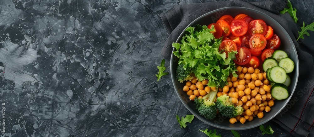Poster bowl with appetizing veggies and chickpeas on a grey table from a top view ideal for a healthy meal 