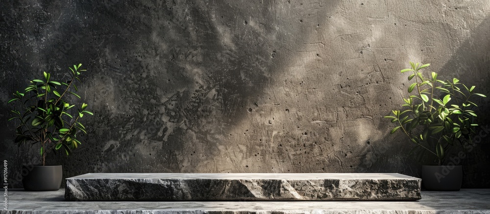 Aufkleber a podium made of stone set against a dark cement wall with studio lighting for product display and h