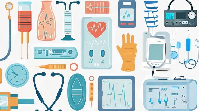 Vector illustration of a range of medical devices, isolated on a white background, such as an EKG machine, surgical gloves, and heart rate monitor.