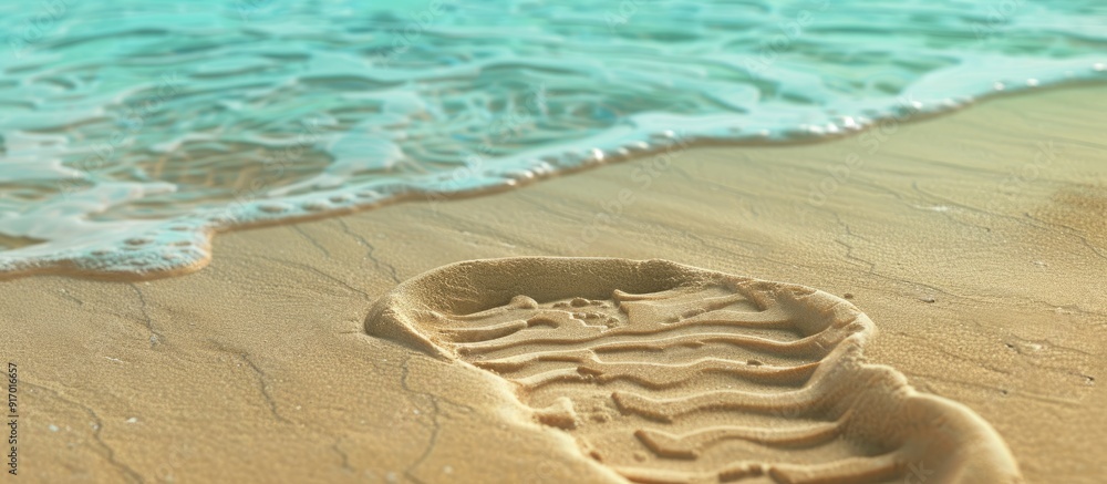 Poster sand imprinted with a shoe sole pattern with a tranquil nature background for a copy space image