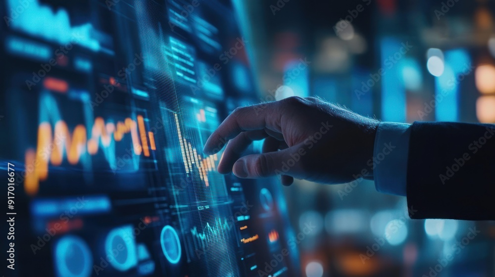 Poster hand interacting with a digital interface displaying data and charts