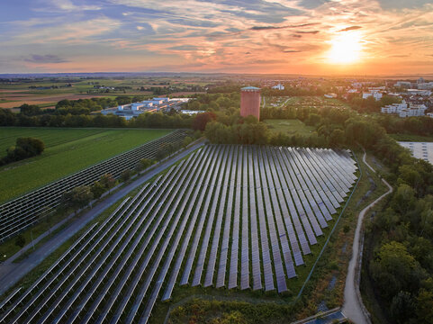 airial photo of asolar thermal power plant for district heating at sunset, Ludwigsburg, Germany,