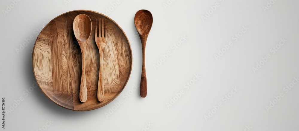 Poster this image features a wooden spoon fork and plate on a white backdrop ideal for food related content