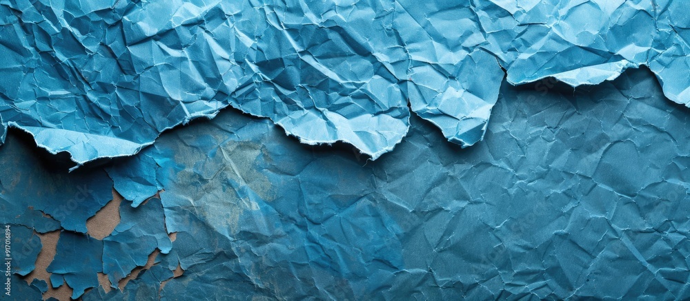 Poster a symbolic representation of our mission message on torn blue paper scraps set against a cardboard b