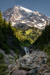 Mount Rainier Towers Over the Falls On Van Trump Creek