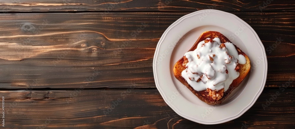 Poster delicious dish of cooked rabbit foot in white sauce served on toast with copy space image