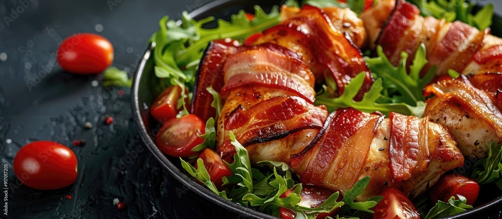 Aufkleber a dish of crispy bacon wrapped chicken on a bed of greens topped with ripe tomatoes creating an appe