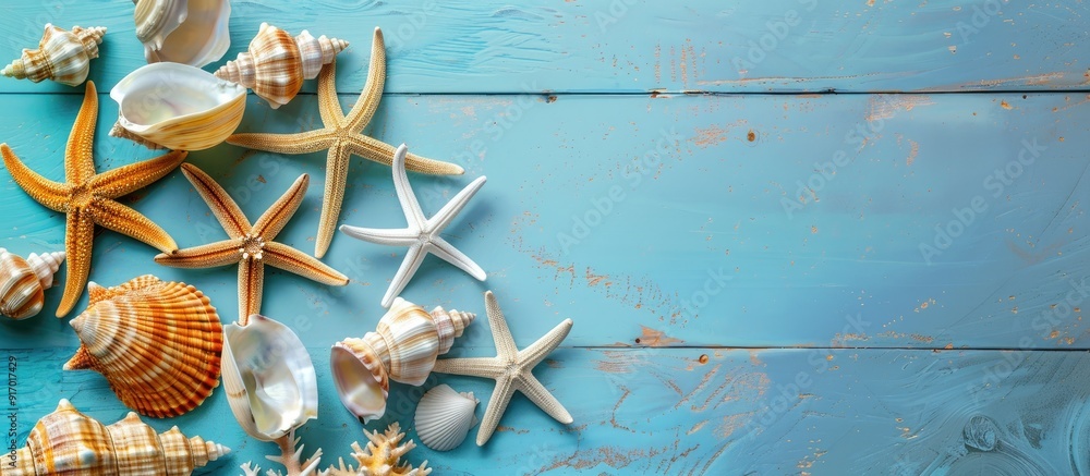Poster summer concept featuring sea shells or starfish on a table background with ample copy space image