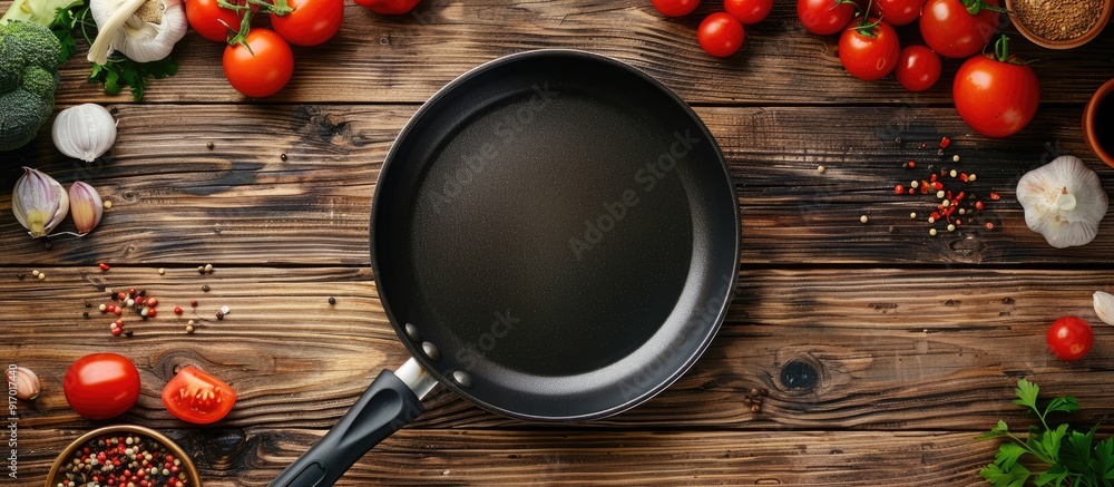 Poster top view of a kitchen table with an empty pan and various vegetarian ingredients with copy space ima