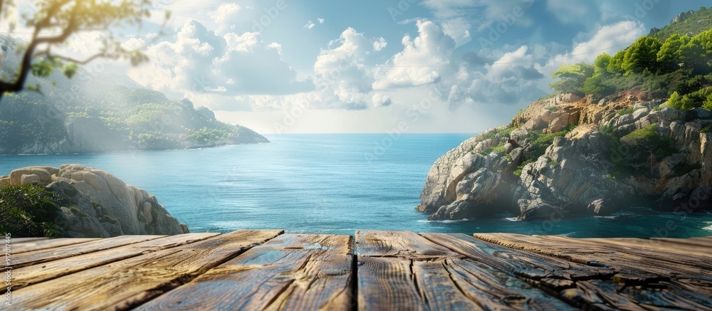 Canvas Prints Scenic ocean scenery on an island with a rustic wooden log serving as a table backdrop for a copy space image