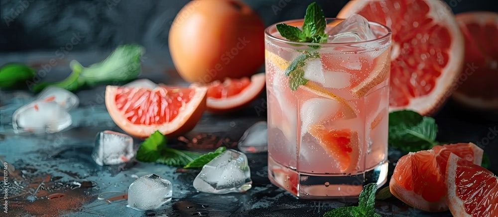 Poster Refreshing grapefruit beverage with ice on a dark backdrop allowing for copy space image