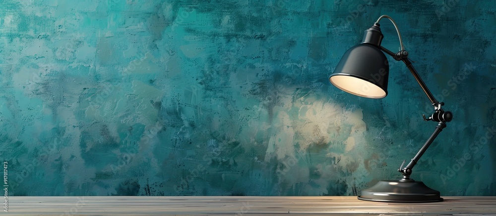 Poster a contemporary desk lamp sits on a table against a wall with space for a picture. copy space image. 