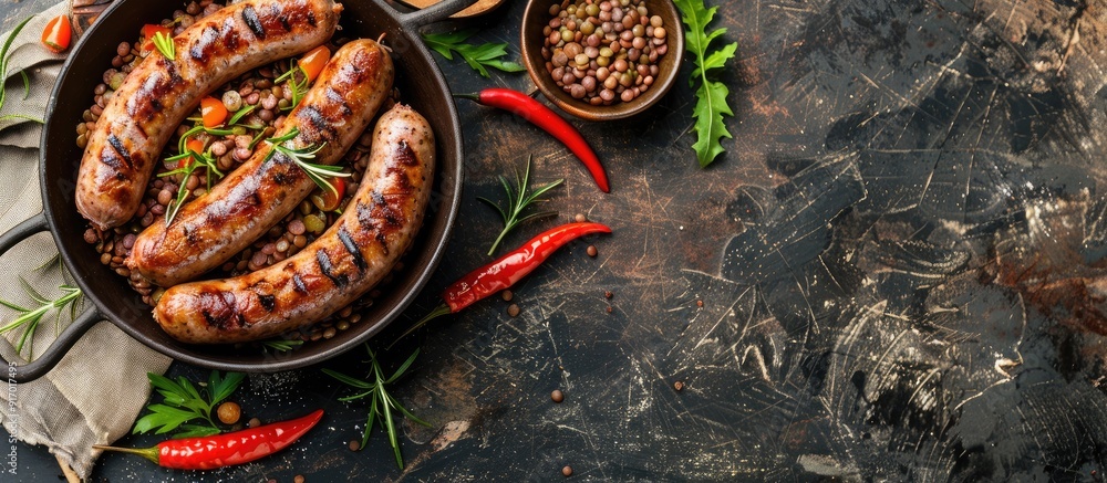 Poster a rustic top view shows a natural fresh meal with sausages and lentils as the main course placed on 
