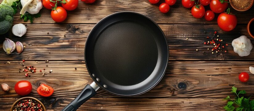 Top view of a kitchen table with an empty pan and various vegetarian ingredients with copy space image