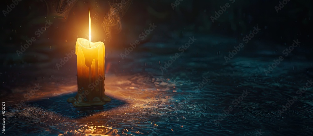 Poster a single glowing church candle against a dark backdrop with room for a caption near the bottom of th