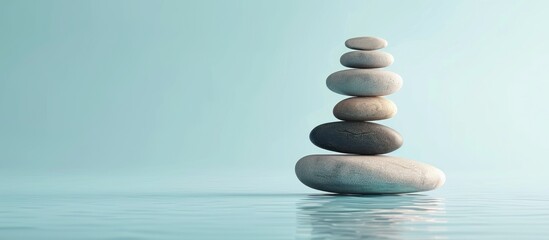 Obraz premium Zen pebbles are carefully balanced on a light blue background in a peaceful studio photography setting creating a soothing atmosphere for relaxation and meditation with copy space image included