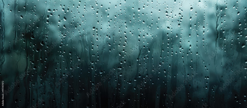 Poster observing a rainstorm through a misty window adorned with numerous raindrops providing the perfect c
