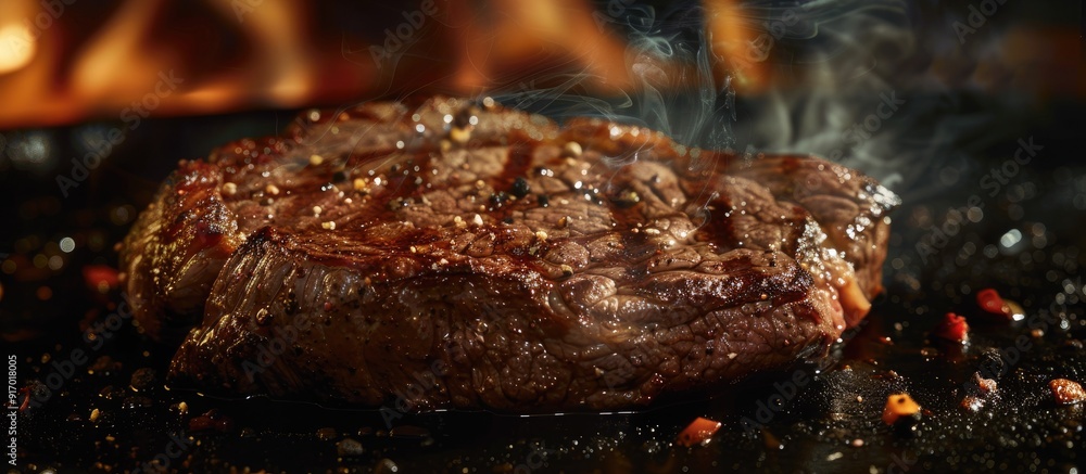 Poster A detailed view of a sizzling steak with copy space image