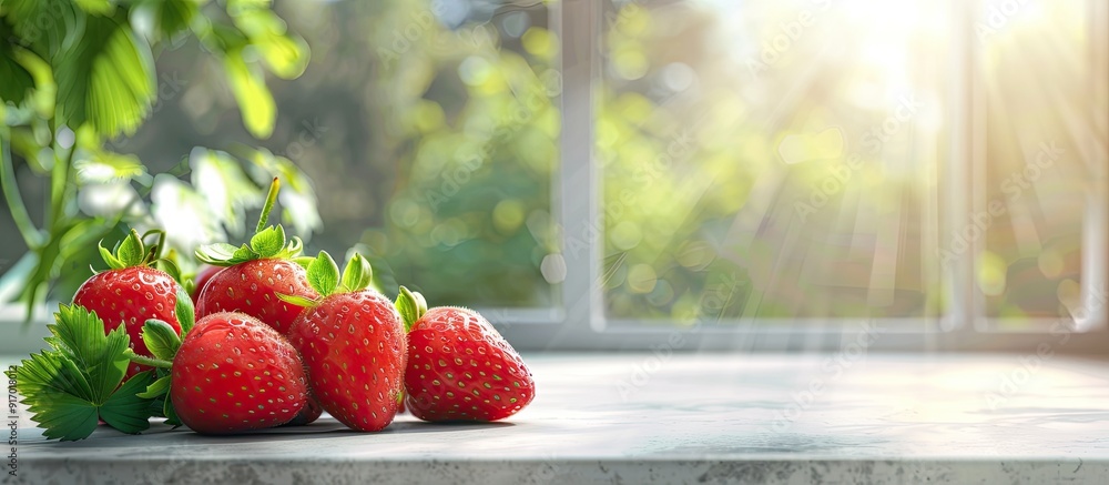 Poster summertime strawberries on a bright table with a background for adding text or graphics in a high qu