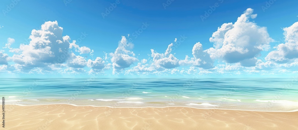 Poster tropical sandy beach with clear blue skies fluffy white clouds and a vacant area for text or images.