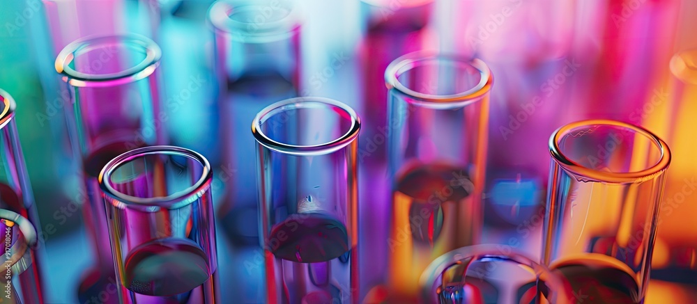 Poster close up of various samples in test tubes on a vibrant background with a clear space for text or ima