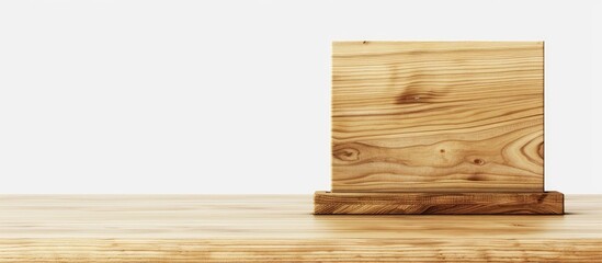 Wooden table with a menu holder placed on it set against a white backdrop with a clean copy space image available for text