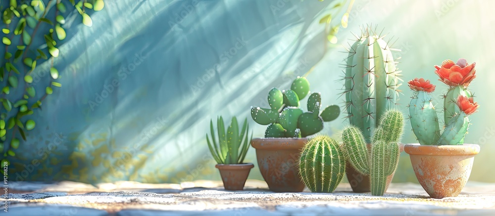 Aufkleber different types of potted cacti under sunlight with a copy space image available