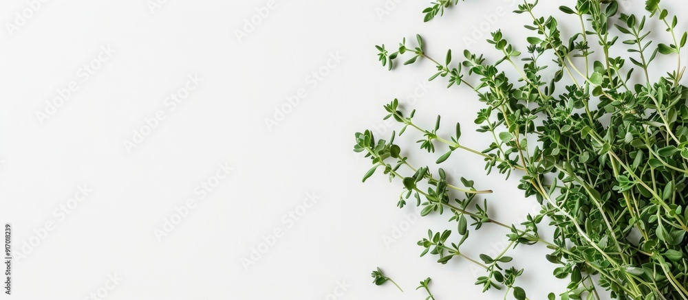 Poster top view of fresh thyme on a white background with full depth of field ideal for adding text in the 