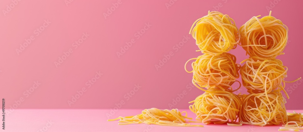 Aufkleber uncooked pasta nests displayed on a pink backdrop with copy space image