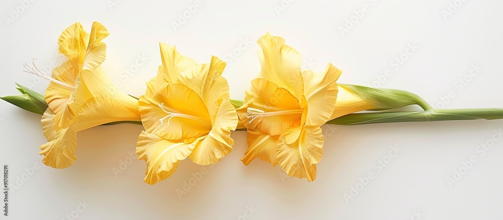 Poster three vivid yellow gladioli arranged aesthetically against a white backdrop creating a visually appe
