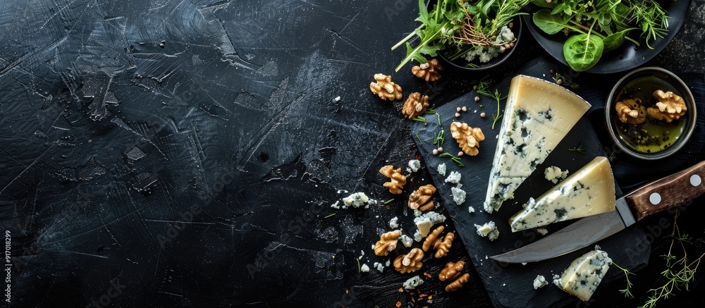Poster a setup of blue cheese with a knife walnuts and fresh greens on a black background featuring copy sp