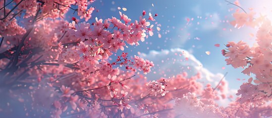 Sakura also known as cherry blossoms in a stunning pink hue against a blue sky in a copy space image