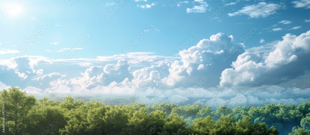 Poster scenic view of trees against a backdrop of white clouds and a clear blue sky in a copy space image