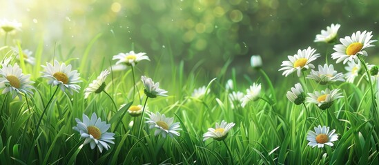 In late spring beautiful Leucanthemum vulgare meadows bloom with wild oxeye daisies displaying white petals and yellow centers in a stunning green field with a copy space image