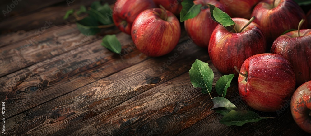 Poster Red ripe apples with leaves arranged on a wooden table with space for text or images. . image with copy space