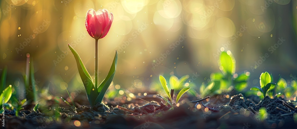 Poster tulip flower in a garden with a beautiful copy space image