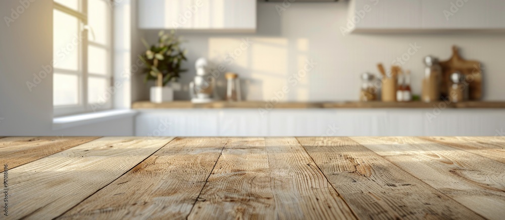 Poster a wooden countertop in the foreground with a clear background ideal for showcasing products or image