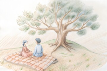 a couple, a man and a woman sitting under a tree in the park