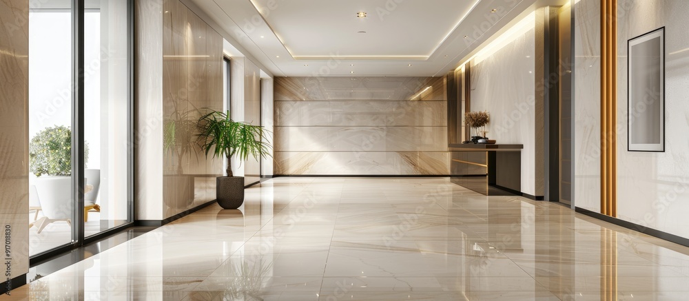 Poster modern apartment hall interior with a minimalistic style shown in a perspective view in a copy space