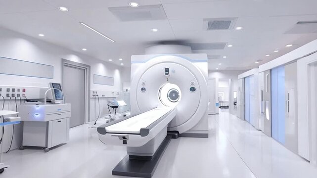 A hospital radiology department featuring CT and MRI scanners against a white backdrop to highlight the cutting-edge medical technology