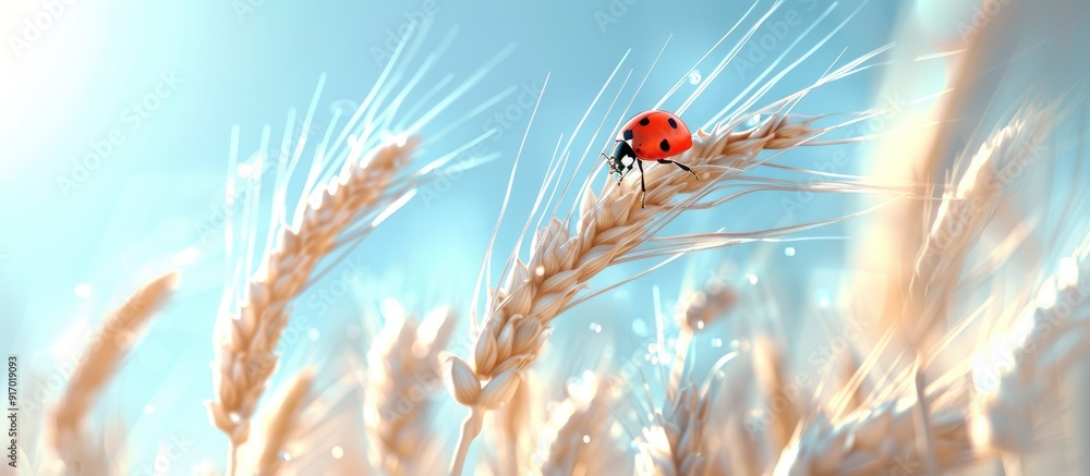 Poster A ladybug perched on a wheat plant with clear blue sky in the background creating a serene copy space image